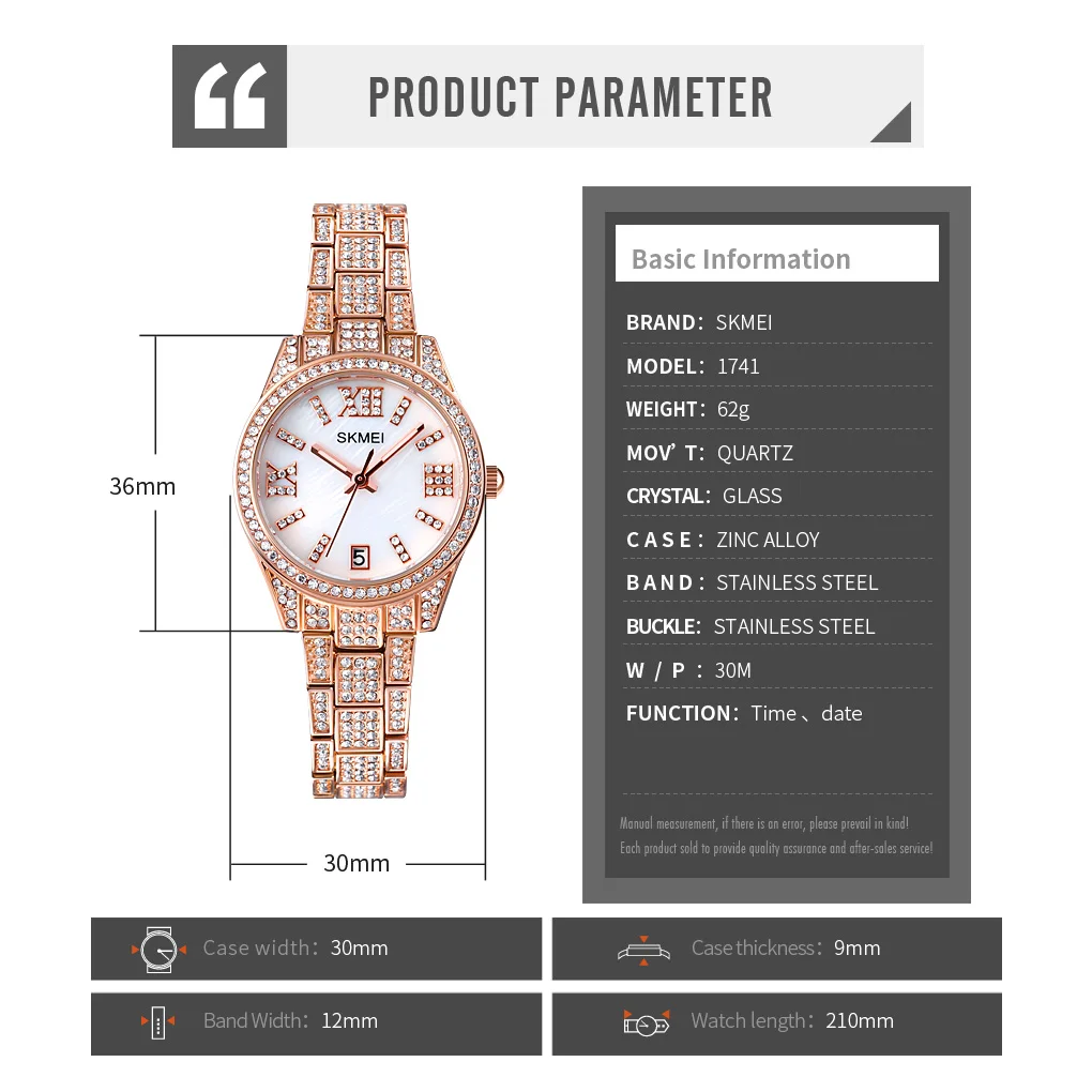 

SKMEI Blingbling Women Watches Fashion Elegant Womens Quartz Wristwatches Rhinestone Mosaic Ladies Girls Watch montre femme 1741