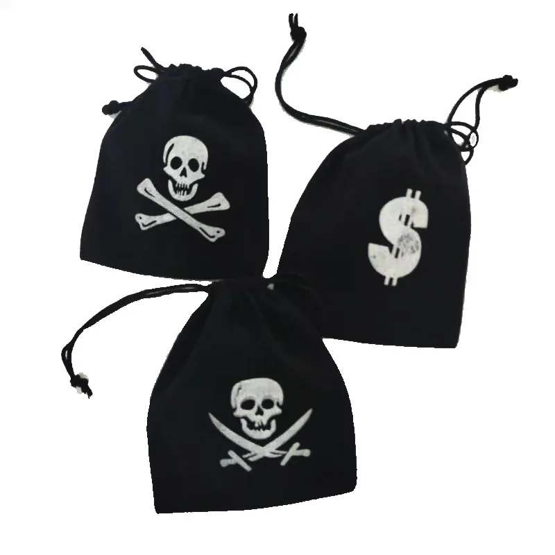 

3 Piece Set Halloween Party Cosplay Pirate Bundle Pocket Props Skull Pirate Toys Plastic Gold Coin Cloth Bag Decoration