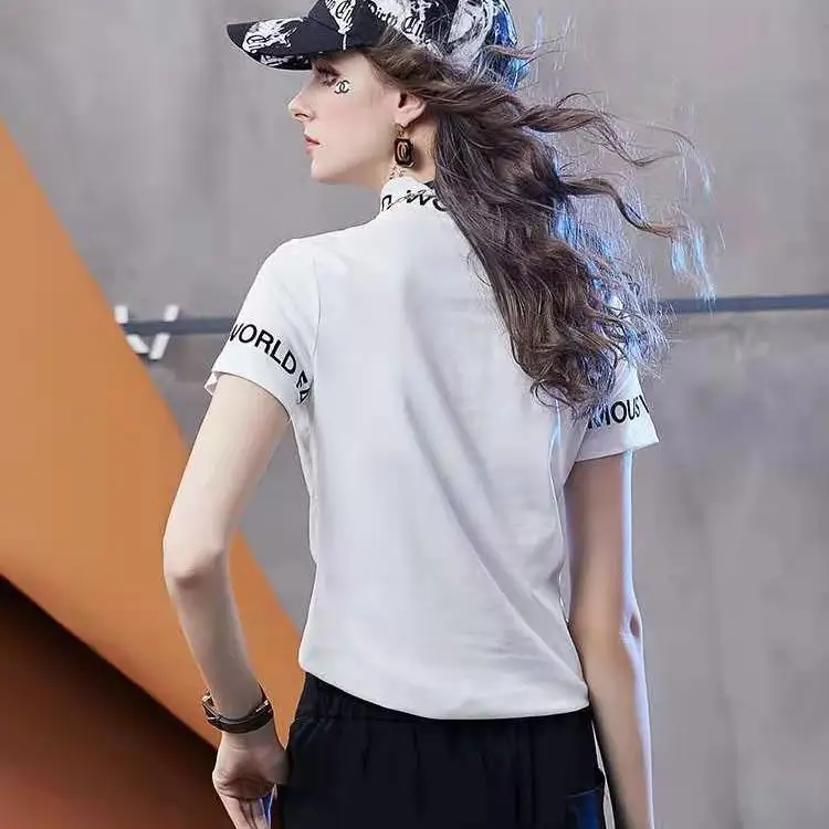 

Early spring white t-shirt female 2021 new letter printing T-shirt half high collar loose short sleeve top fashion