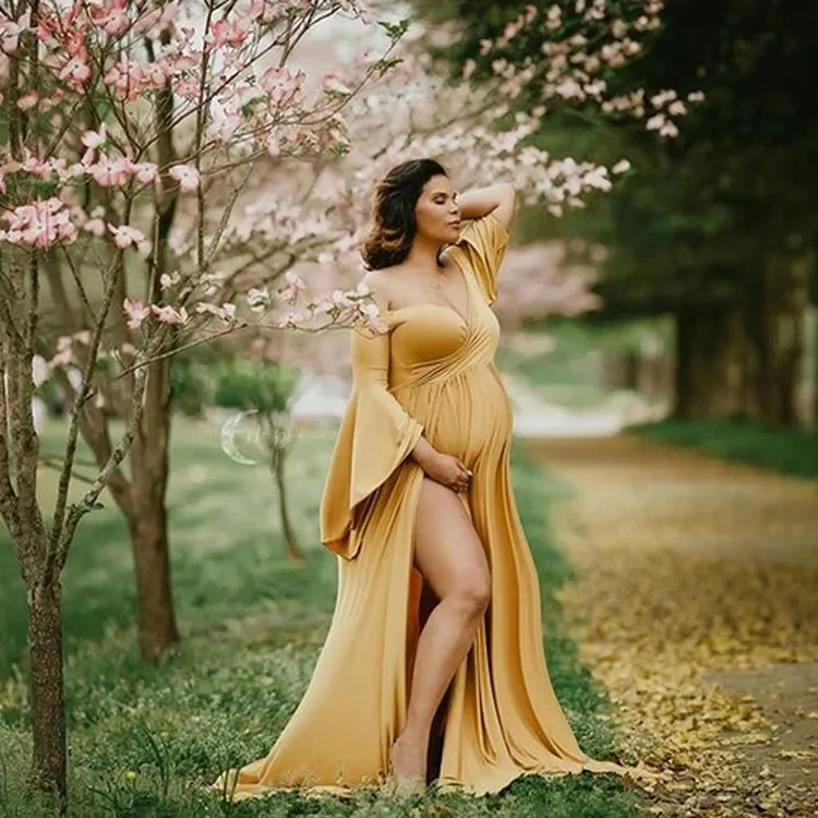 Хлопковые Платья для беременных для фотосессии, сексуальные платья для беременных с открытыми плечами и рюшами, женское с буфами, Длинные Макси платья для беременных