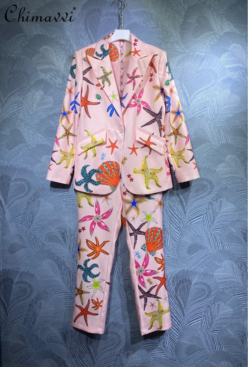 

2021 Autumn Women New Notched Collar Printed Suit Jacket High Waist Long Trousers Two Piece Set for Lady