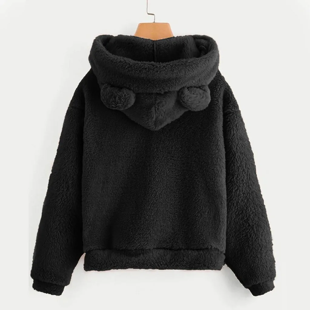 

JESSIC Fluffy Hoodies Women Kawaii Sweatshirt Cute Bear Ear Cap Autumn Winter Warm Pullover Long Sleeve Outwear Fleece Coat