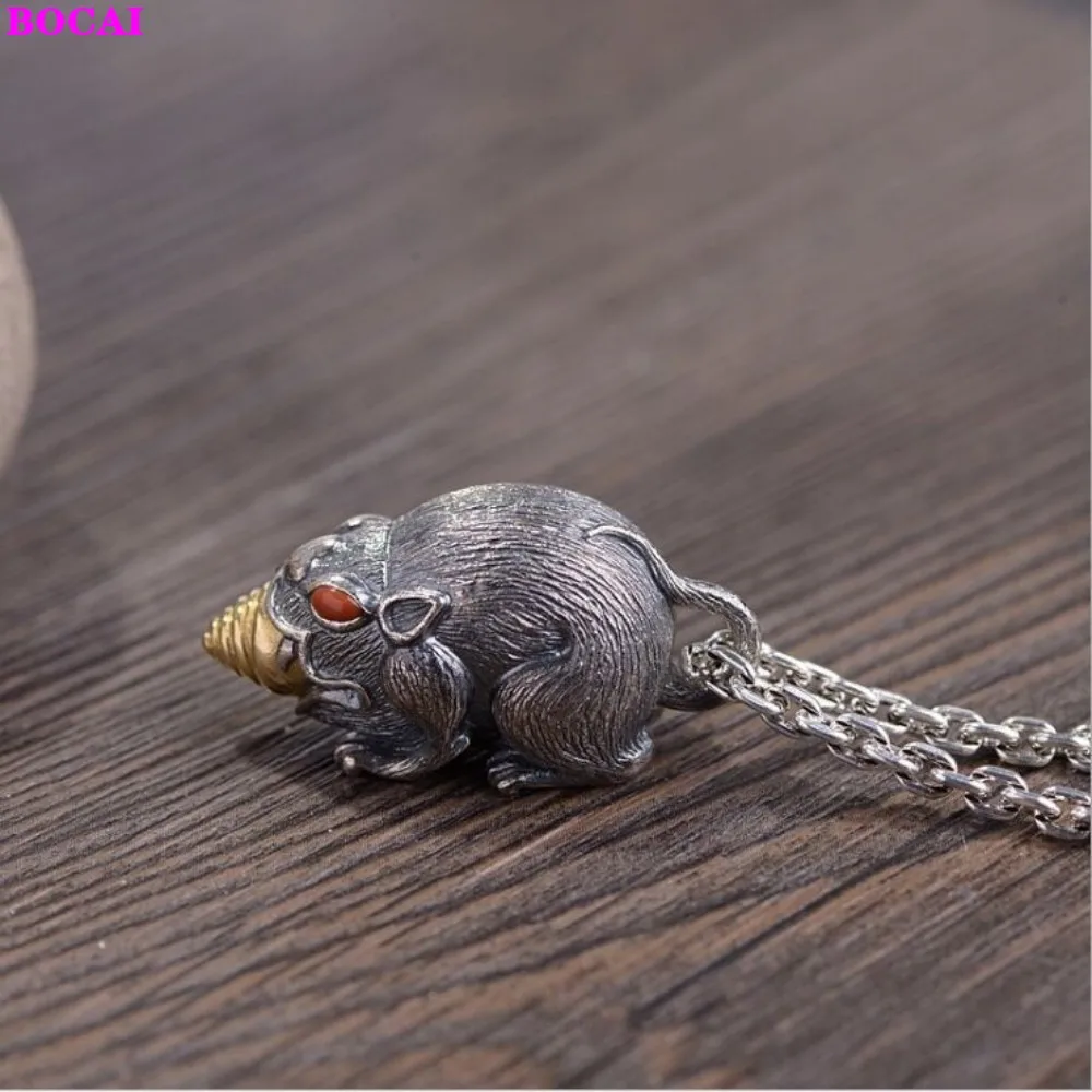 

BOCAI S925 Sterling Silver Pendant Vintage Craft Thai Silver Three-dimensional Spit Golden Rat Pendant Handmade Accessories