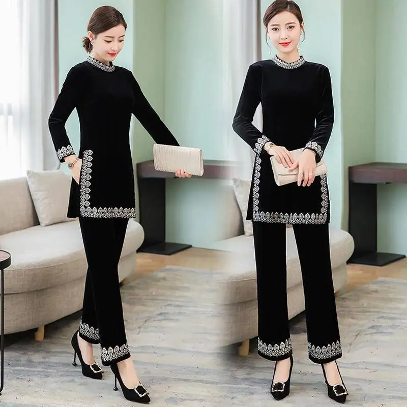 Велюровый спортивный костюм женский 2020 Сезон весна-осень Модные топы с длинными