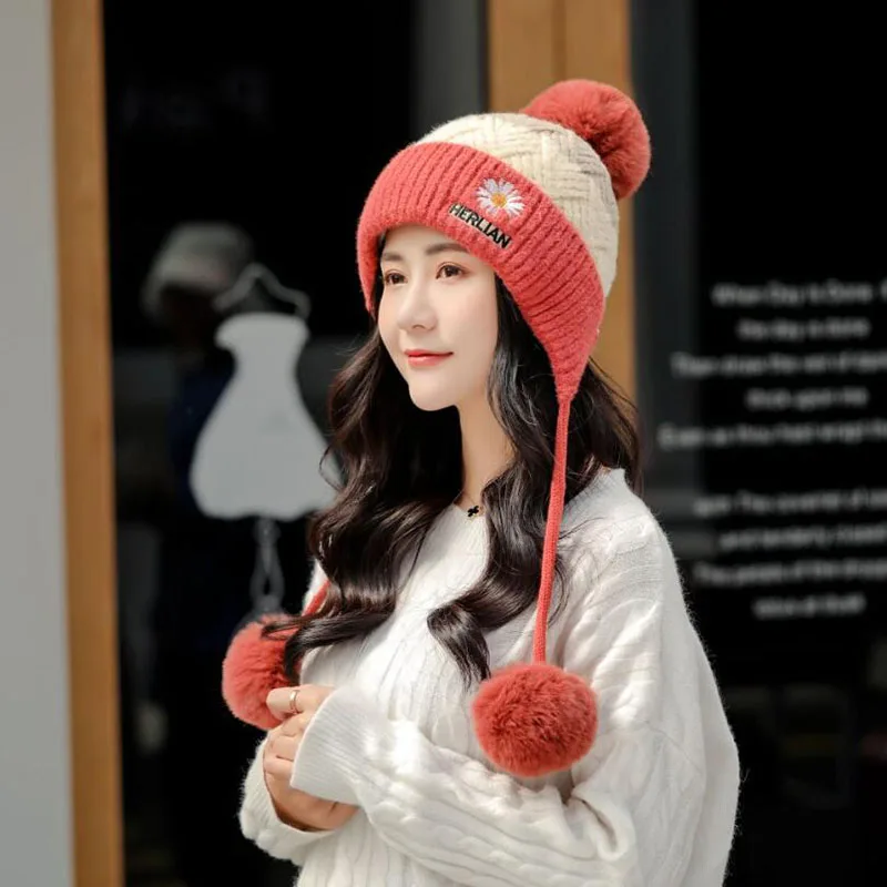 Новинка 2020 зимние вязаные шапки женские с помпоном в стиле пэчворк шапки-ушанки