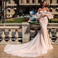 sexy detachable sleeve mermaid wedding dresses with jacket strapless court train appliques backless poet vestidos de novia