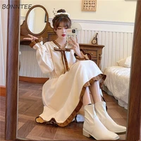 long sleeve dress women sweet bow high waist patchwork ruched a line mid calf korean style college autumn new chic girls fashion