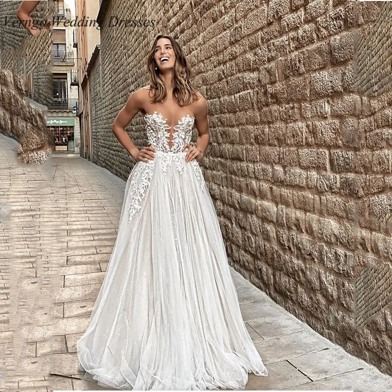 

Verngo Berta 2020 Beach Wedding Dress Sexy Sweetheart Bride Gowns A Line Glitter Beading Applique Amazing Wedding Dress Backless