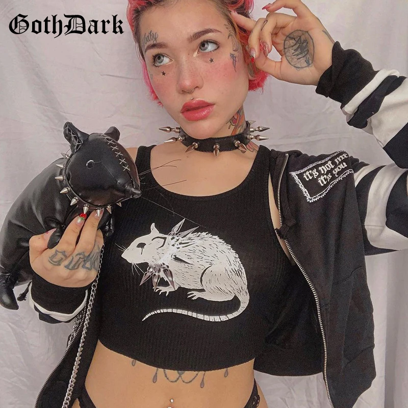 Goth Dark Mall Gothic Grunge Aesthetic Women Tank Tops Punk Bodycon Sexy Ribbed Cropped Printed Streetwear Emo Alt Clothes | Женская
