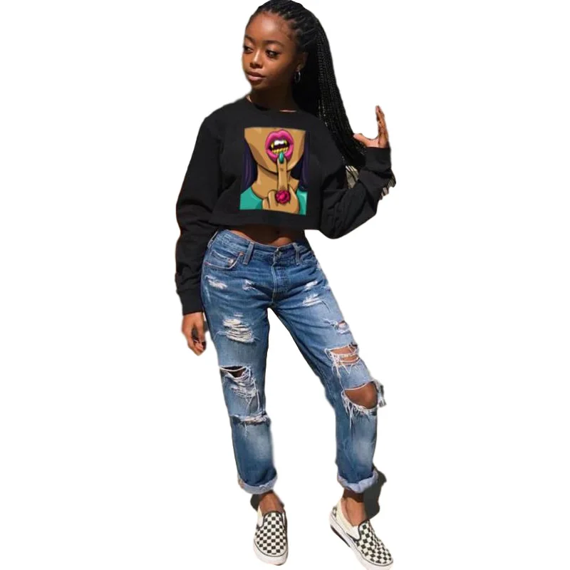 

Black Finger Bird Flip Hipster Mittelfinger Swag Mouth Print Short Sweatshirt Women O Neck Long Sleeve Fashion Top Hip Hop Style