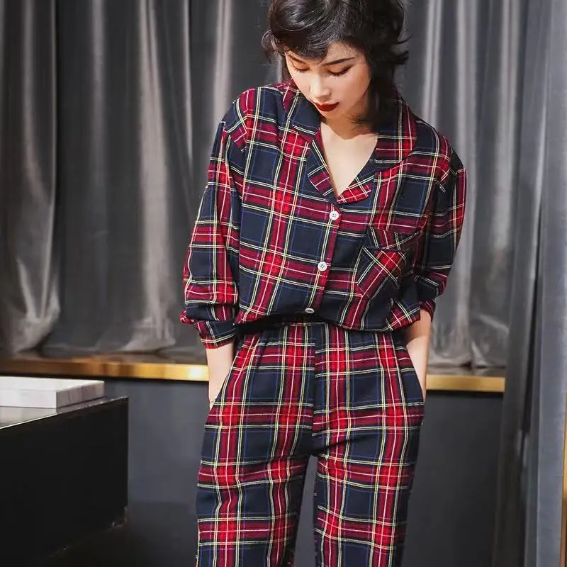Женский пижамный комплект Осень-зима новая клетчатая женская пижама с отворотом