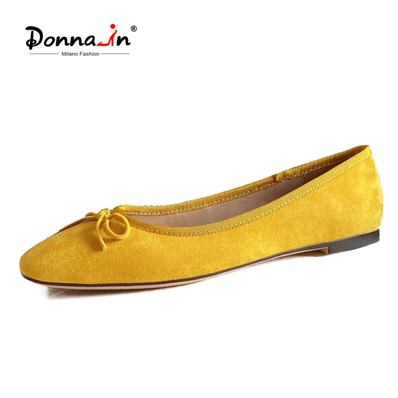 

Donna-in 2021 New Women Stylish Flat Ballets Yellow Natural Kid Suede Square Toe Butterfly-knot Female Daily Shoes Comfort