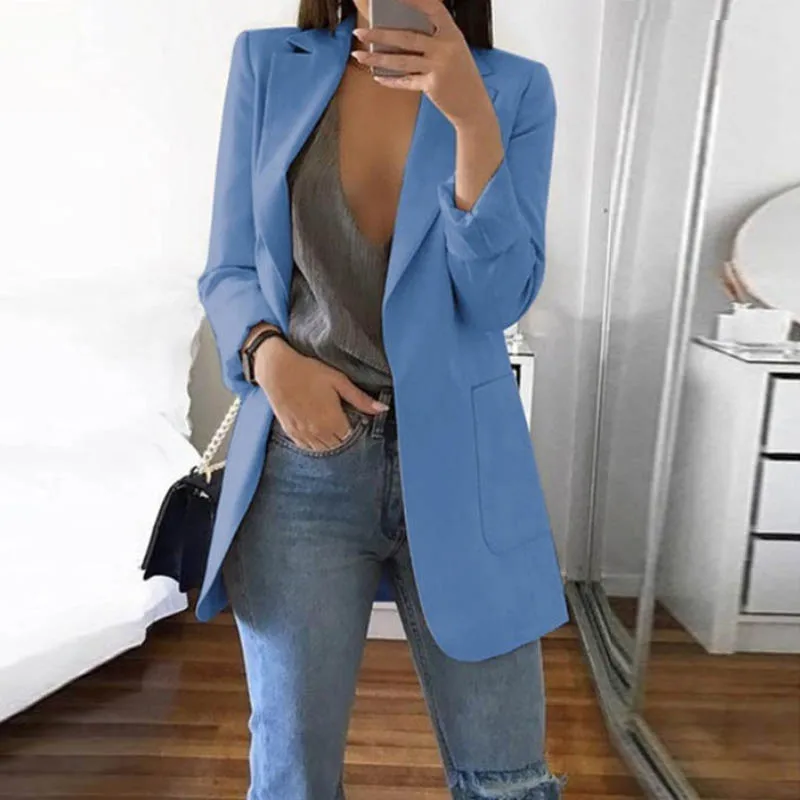 Blue Fanbety, зима, осень, Женский Повседневный костюм, пальто, бизнес стиль, длинный рукав, куртка, верхняя одежда для офиса, для девушек, модное, размера плюс, приталенное пальто - Цвет: Blue