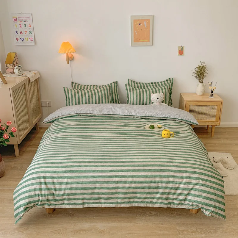 

Japanese Style Bedding Set, Duvet Cover Pillowcase 3pcs 150x200,220x240 Quilt Cover,Green Stripes Pattern Double Queen King Size
