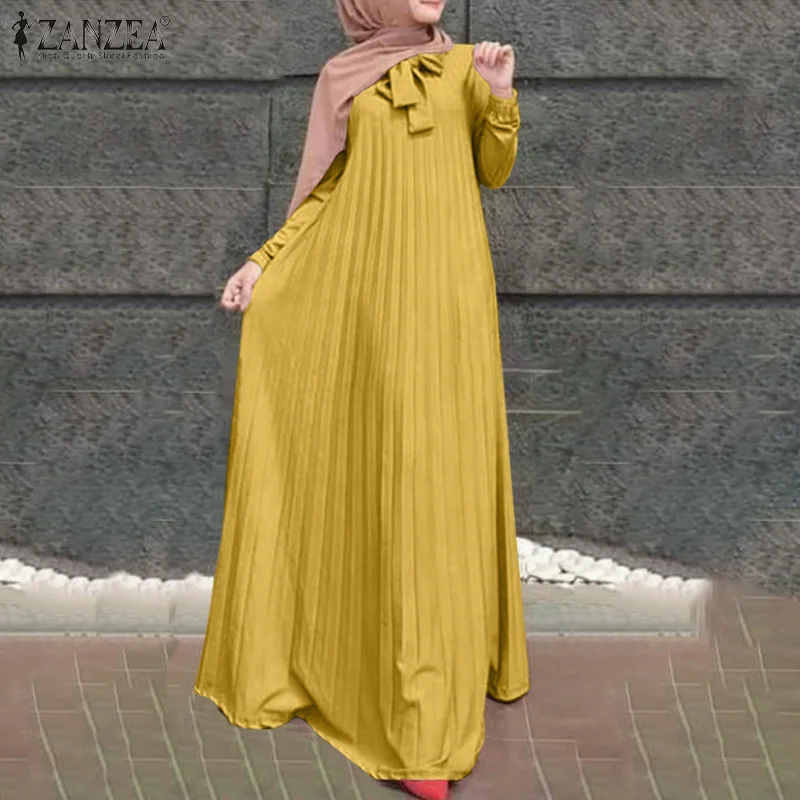 ZANZEA Abaya Long Sleeve Dresses Party Evening Gown Muslim Robe kaftan Loose Pleated Sundress Crew Neck Turkish Maxi Vestidos