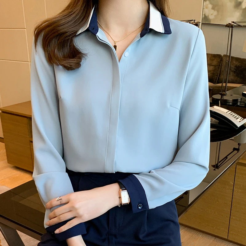 

Chiffon Loose Women's Shirts New Fashion Blouses Casual Long Sleeve Blusas Solid Color Polo Shirt Spring Houthion