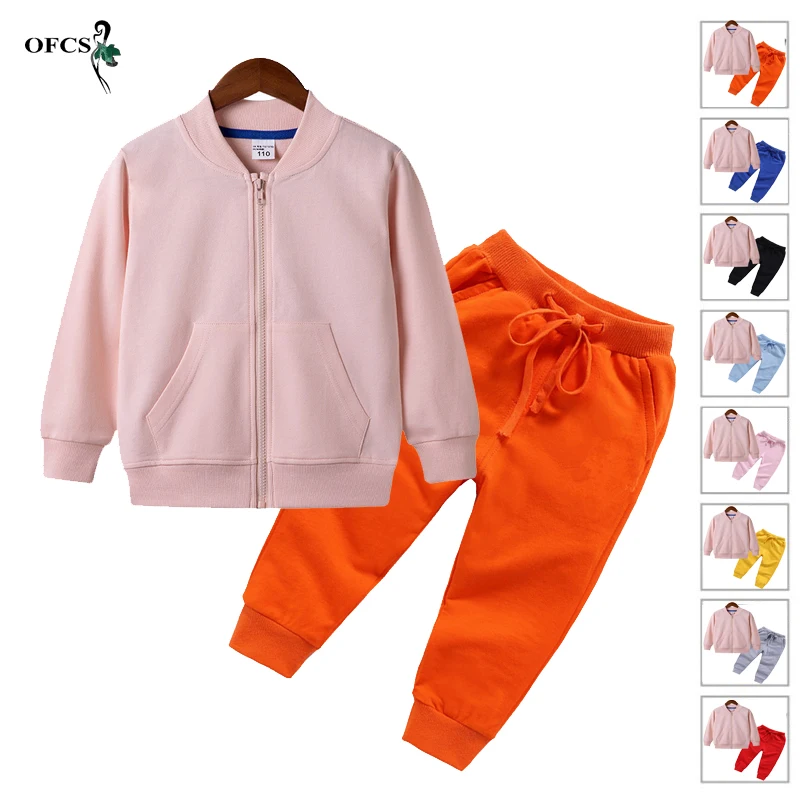 

Retail Spring Children's Clothes Toddler Pink Solid Zipper Coat Jacket Tops +Sport Pants 2Pcs/Sets Cotton Sweatshirt Sport Suits