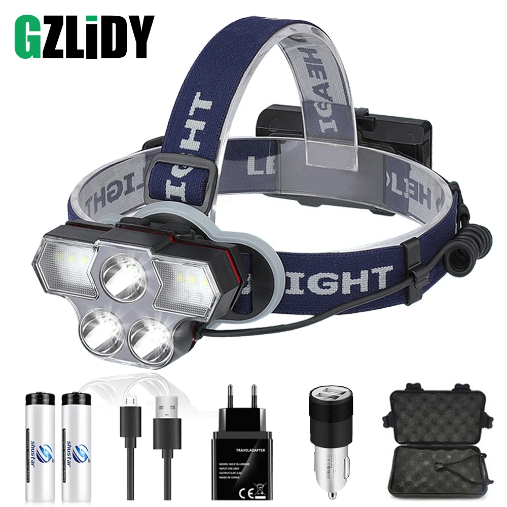 

USB Перезаряжаемый светодиодный налобный фонарь супер яркий 3T6 + COB головной светильник водонепроницаемый наружный 18650 фонарь с красным свети...