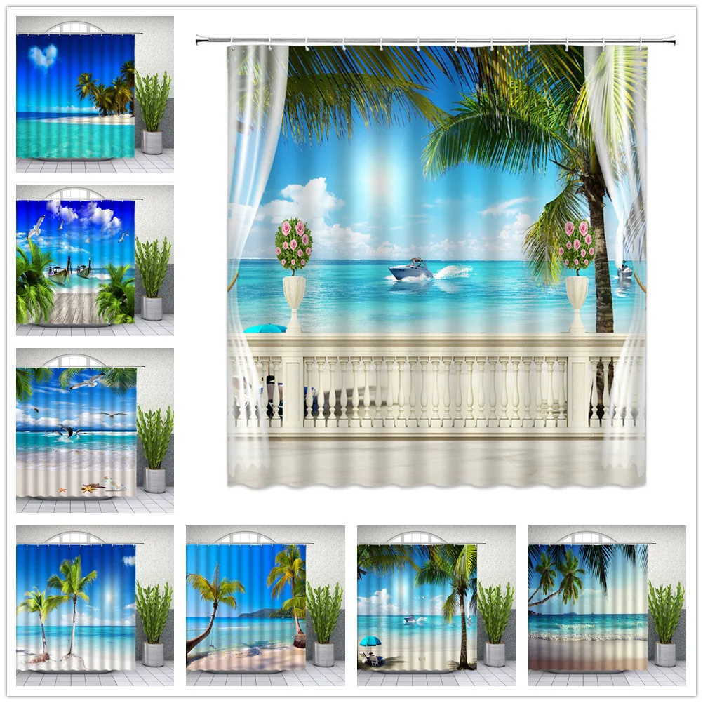 

Scenery Shower Curtains Summer Blue Sky Seagull Beach Seawater Green plant Bathroom Decor Home Bath Waterproof Polyester Curtain