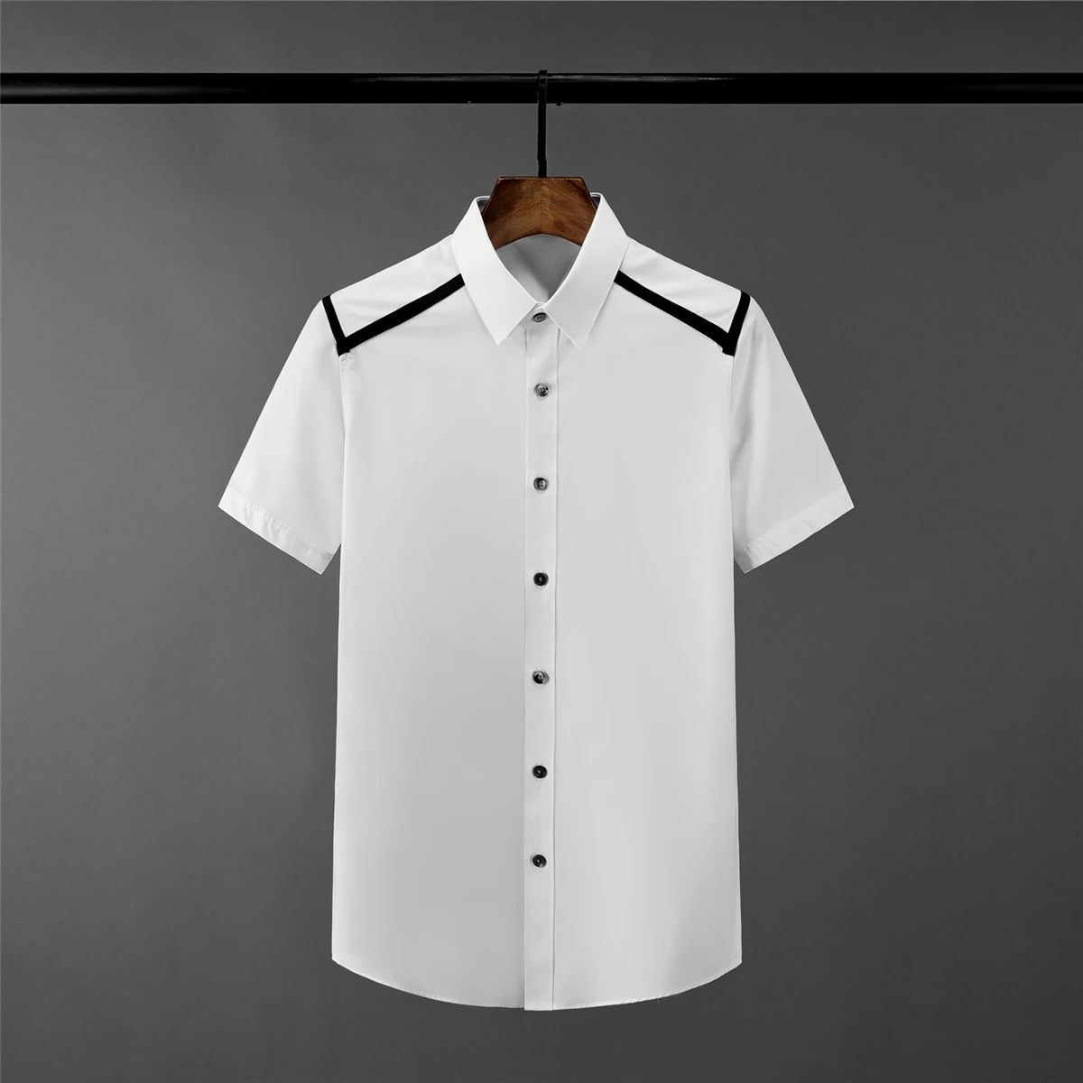 

Luxury Shoulder Ribbon Short Sleeve Business Casual Mens Dress Plus Size 4xl Slim Fit Male Shirts
