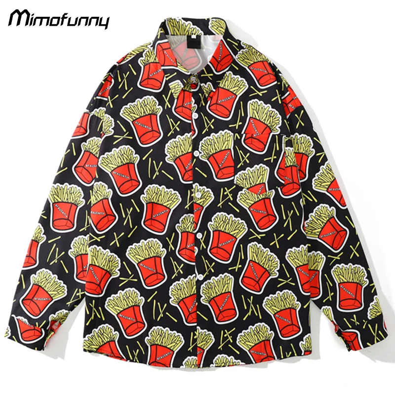 

Рубашка мужская с принтом еды и длинными рукавами, уличная одежда в стиле Харадзюку, повседневный модный мешковатый топ-карго в студенческо...