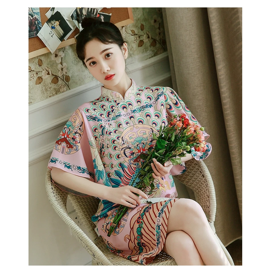 

2020 Summer Pink Young Girls Dresses Elegant Fashion Loose Chinese New Year Traditional Improved Cheongsam Qipao Women's Clothes
