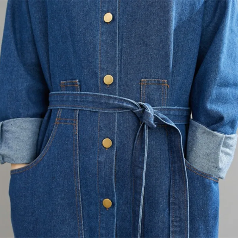 

Johnature New Korean Denim Loose Bandage Trench Women 2021 Autumn Turn-down Collar Irregular Pockets Female Coats