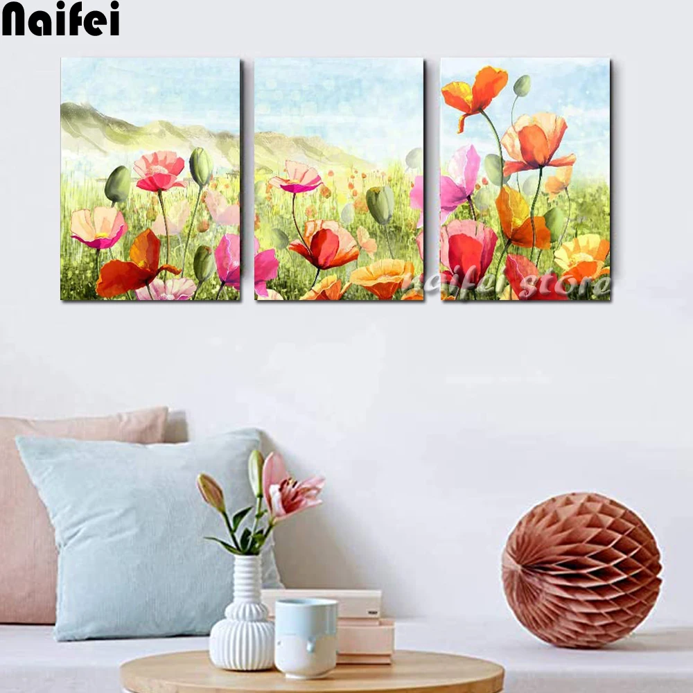 

5d diy diamond art full drill flower field yellow red poppy Cross Stitch round Diamond Embroidery Sale flower landscape Handmade