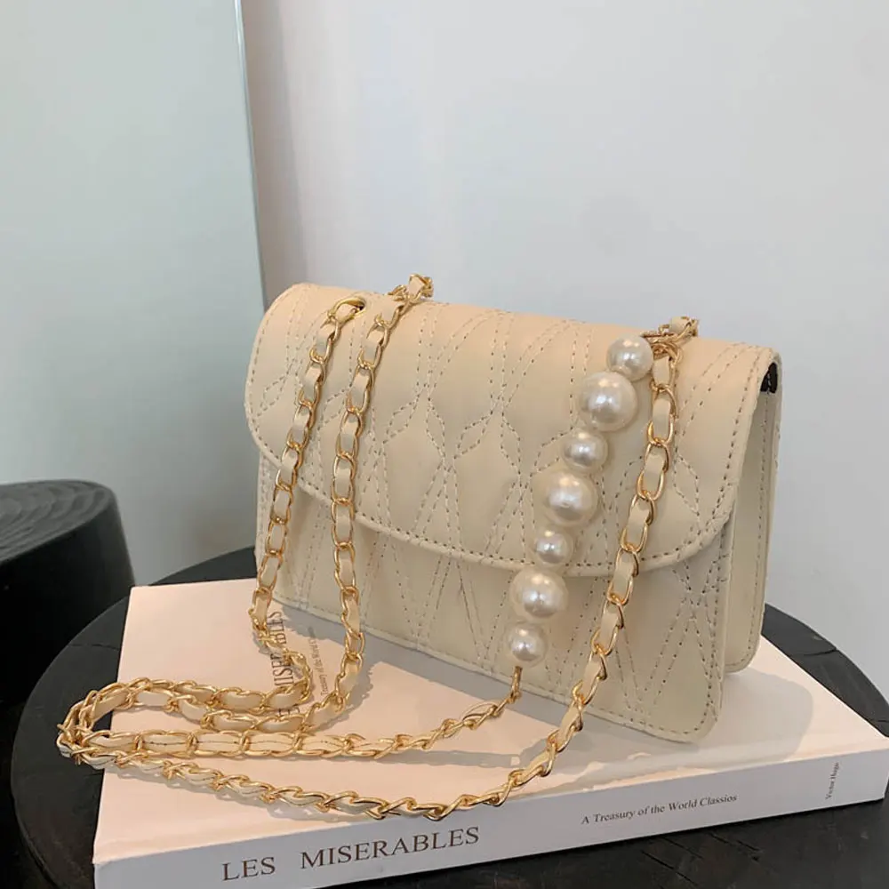 

Retro Simply Shoulder Bags Lingge Pearl Chain Messenger Bag Fashion Female Luxury Handbags Ladies Small Square Evening Clutch