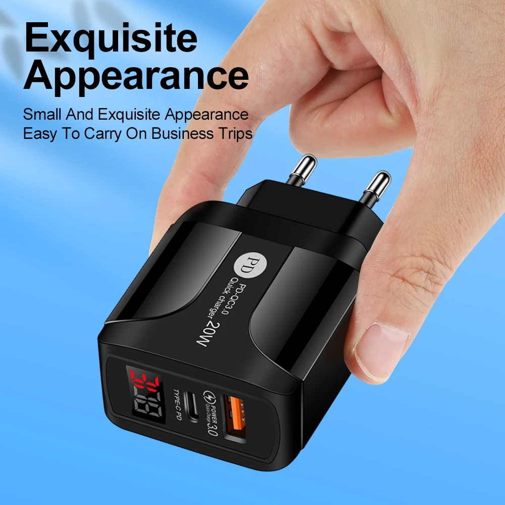 

PD 3.0 Quick Charge Adapter 20W LED Digital Type C Fast Charger for IPhone 12Pro Redmi Samsung USB Mobile Phone Charger EU/UK/US