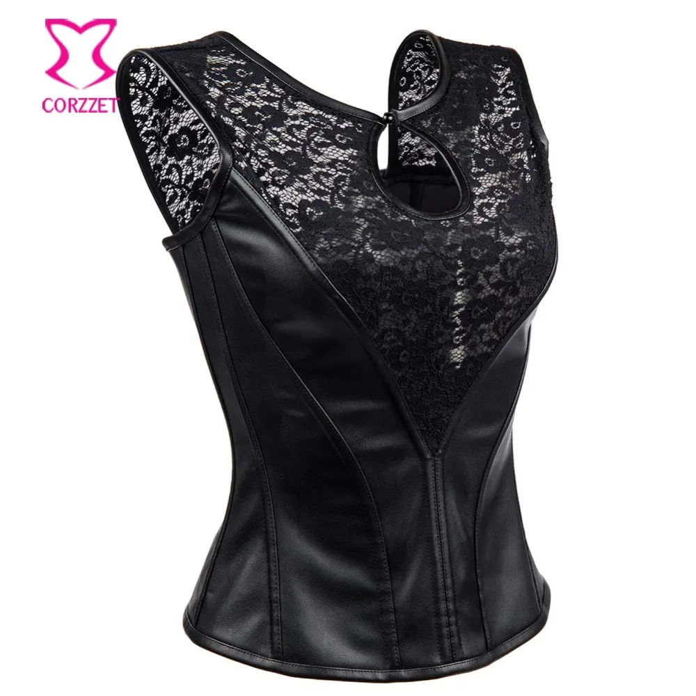 Корсет женский в готическом стиле Черная кружевная кожаная майка на молнии сбоку