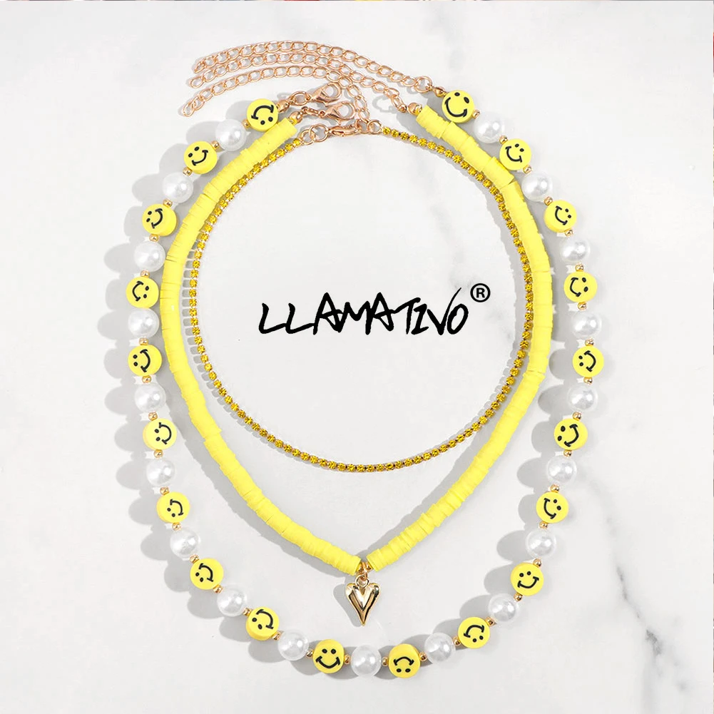 

2021 Trendy Handmade Smiley Pearl Clay Beaded Choker Necklace For Women Yellow Crystal Chain Heart Charm Layered Bohemia Jewelry