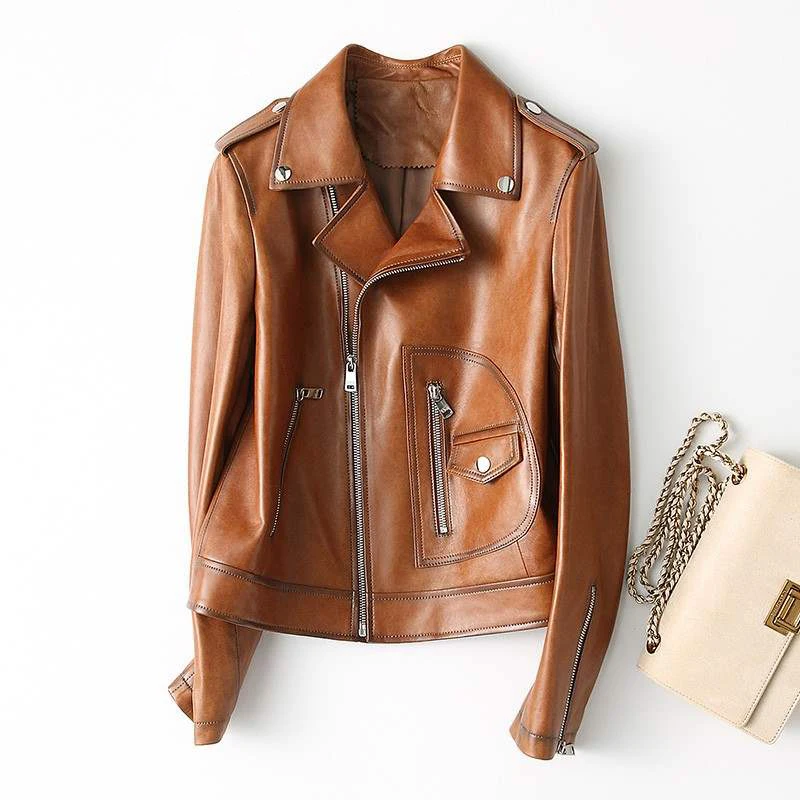 JAZZEVAR 2023 New High Fashion Street Women Real Sheep Skin Leather Jacket Oil wax Genuine Leather Slim fit Motorcycle Jackets