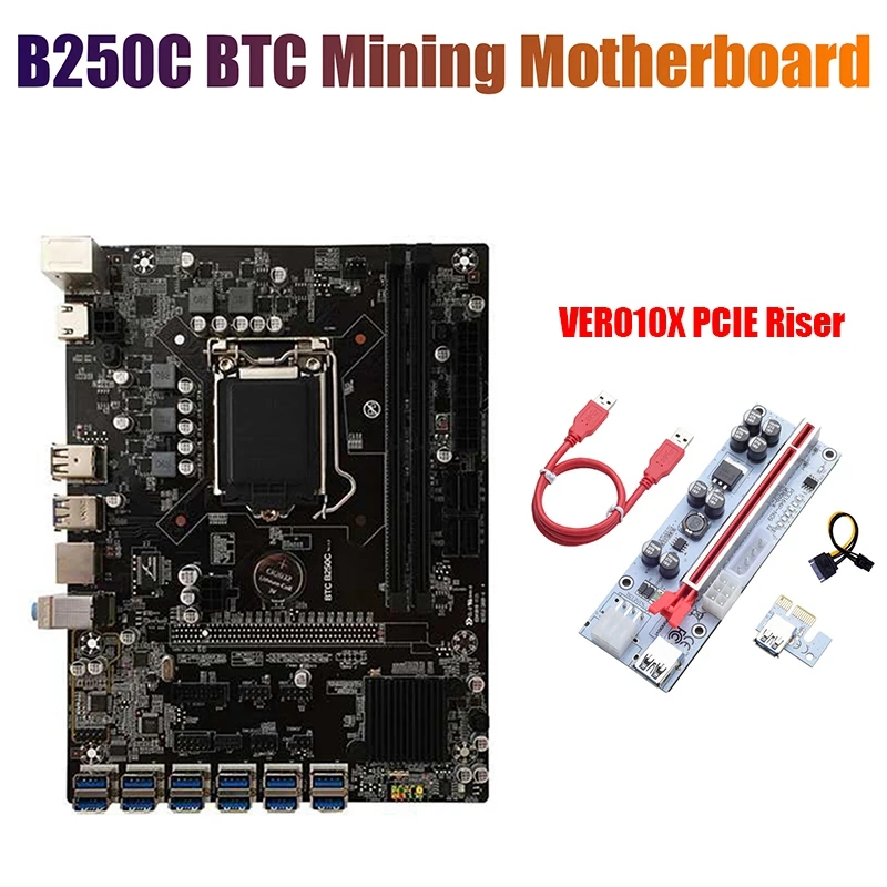 

B250C BTC Mining Motherboard+VER010X PCIE Riser 12XPCIE To USB3.0 GPU Slot LGA1151 Support DDR4 RAM Desktop Motherboard