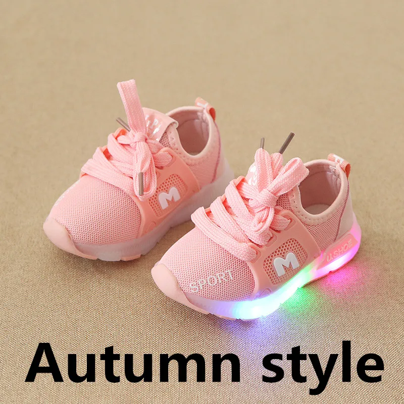 Autumn style Летняя детская повседневная обувь; Светодиодный свет; дышащие детские кроссовки; светящаяся модная обувь для мальчиков и девочек; нескользящая Мягкая обувь для бега - Цвет: Autumn style