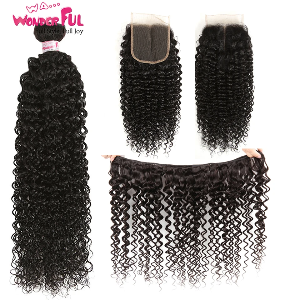 Remy пряди кудрявых волос с закрытием монгольские волосы переплетения пучки 100%