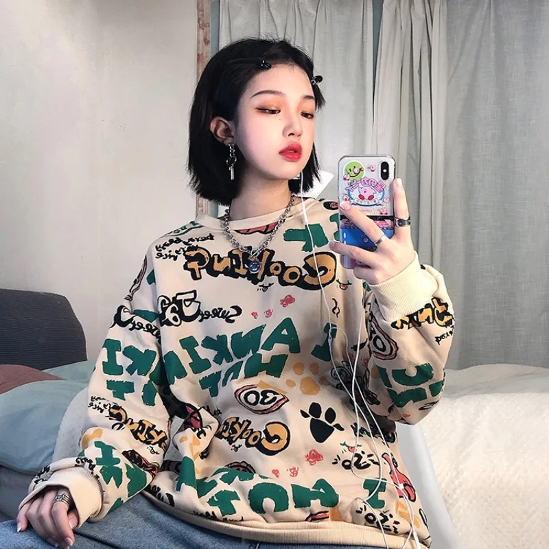 

Пуловер женский с длинным рукавом, свитшот, винтажная флисовая толстовка с принтом граффити в стиле Харадзюку, Свободный Топ, Осень-зима