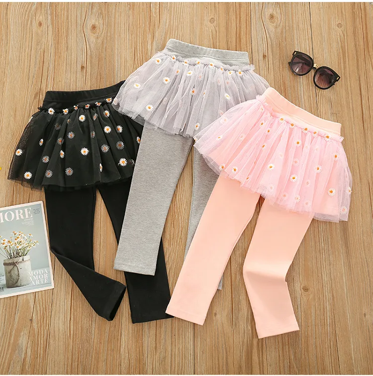 

Girls' Leggings 2021 New Spring and Autumn Small Daisy Mesh Fake Two-piece Skirt Pants Korean Cotton Trousers for Baby Leggings