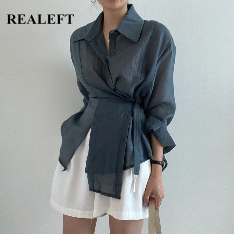 

REALEFT Classic Irregular Women's Blouse Spring Summer Solid Fashionable Buttons Lace Up Loose Female Shirts Tops 2021 New