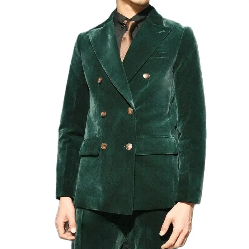 

New Design Green Velvet Peaked Lapel Double Breasted High Quality Formal Slim Fit Men Suits For Wedding Groom Casual Male Wear