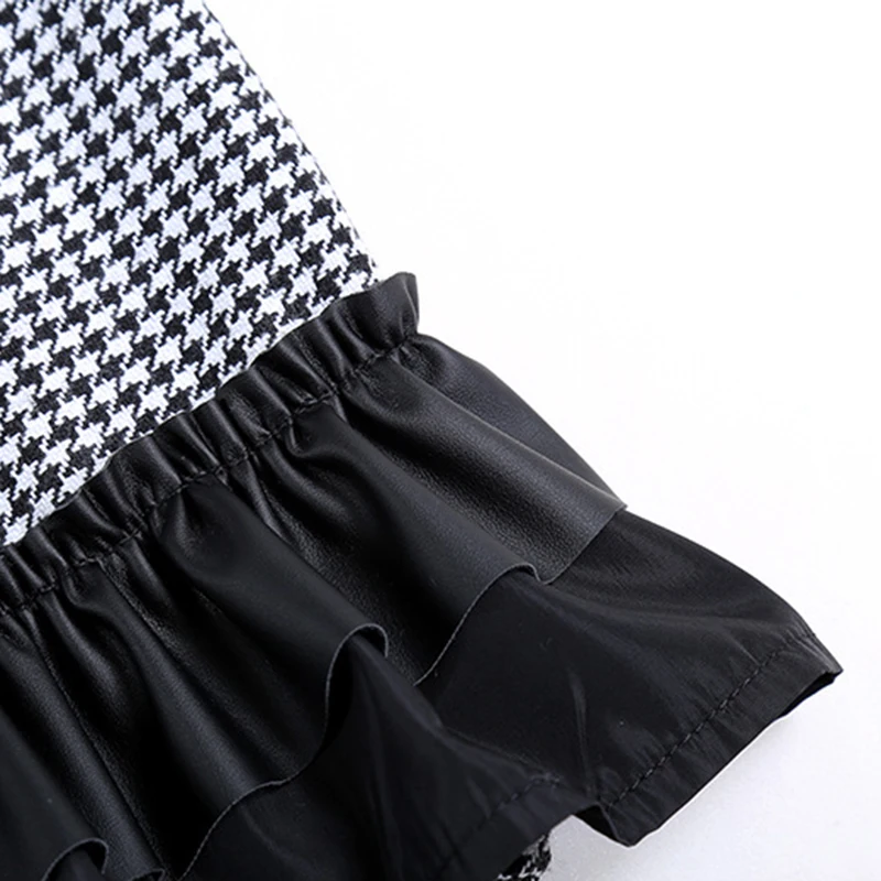 

CHICEVER Vintage Dress For Women Stand Collar Flare Sleeve Plaid Hit Color Loose Patchwork Ruffles Mid Dresses Female 2021 Tide