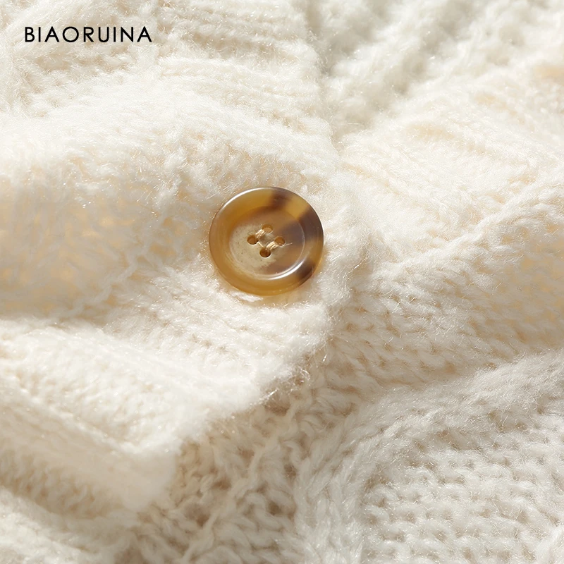 BIAORUINA Women's Beige Loose Single Breasted Winding Knit Cardigans Female Keep Warm Vintage V-neck Oversized Sweater |