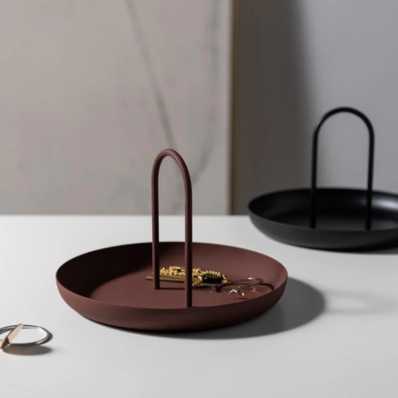 

Desktop Storage Tray Nordic Plastic Round Jewelry Trays Living Room Cosmetics Sundries Display Table Plate with Handle Home Deco
