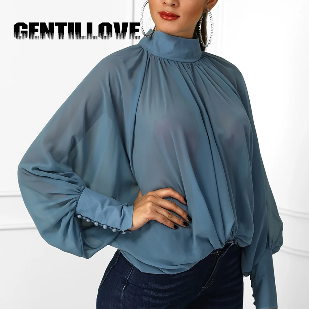 

Женская шифоновая блузка на пуговицах, с высоким воротником