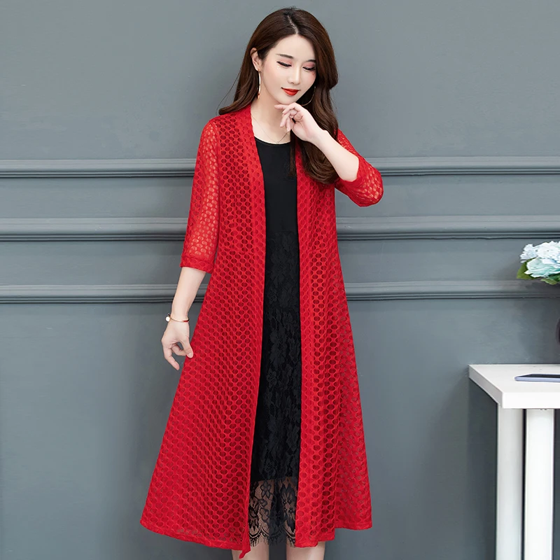 

Женская одежда для женщин среднего возраста весна лето осень тонкий кардиган куртка Свободная кружевная Ажурная шаль средней длины для мат...