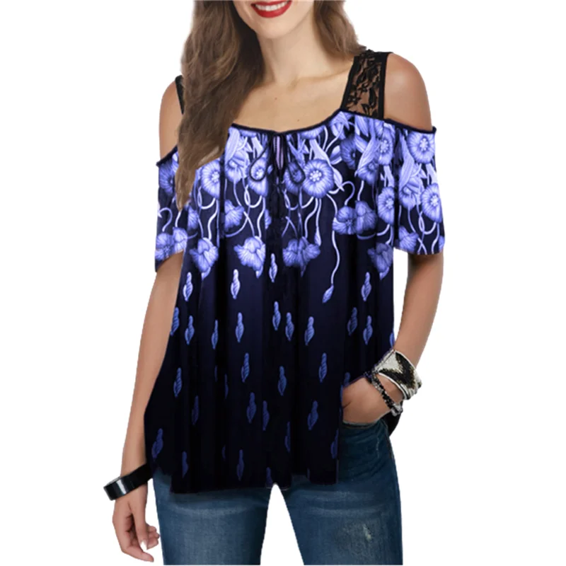 

Slash Neck Off Shoulder Sexy Women T-Shirts Lace Patchwork Fashion Women Summer Tee Female Short Sleeve Floral Print T-Shirt