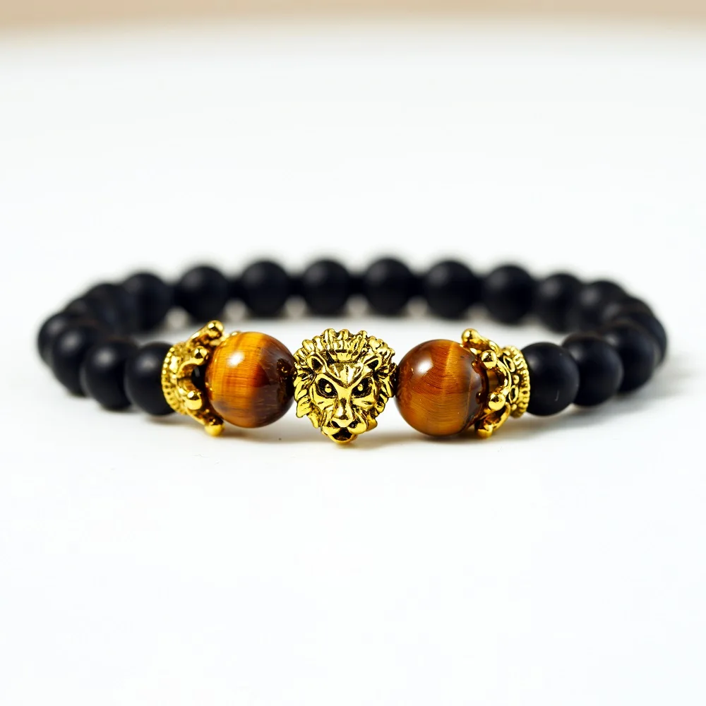 Vintage Crown Lion Head Bracelet Men Fashion Luxury High Quality Tiger Eye Stone Bead Bracelets Jewelry Male Pulseira bileklik | Украшения