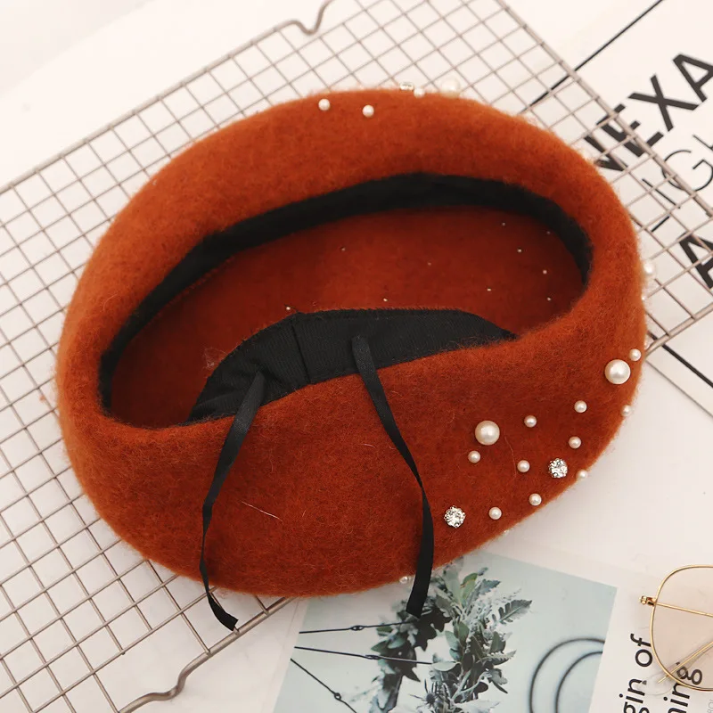 

Pearl Beret Hat for Women Cashmere Winter Retro French Winter Black Red French Artist Flat Fashion Red Yellow Lady Vintage Cap