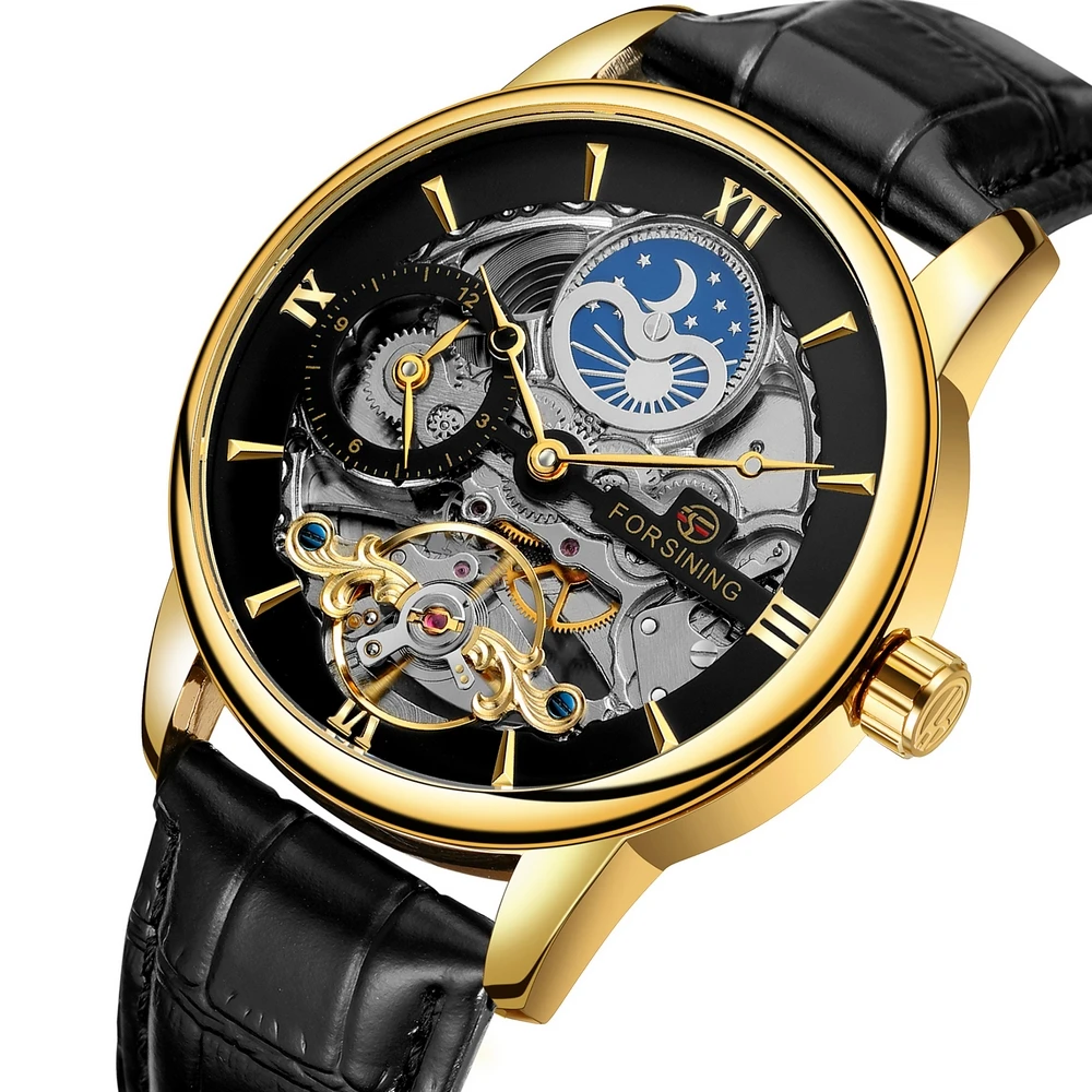 FORSINING New Mechanical Carving Automatic Watches Men's Dual Time Zone Tourbillon Moon Phase Wristwatch Gift Box Free Ship