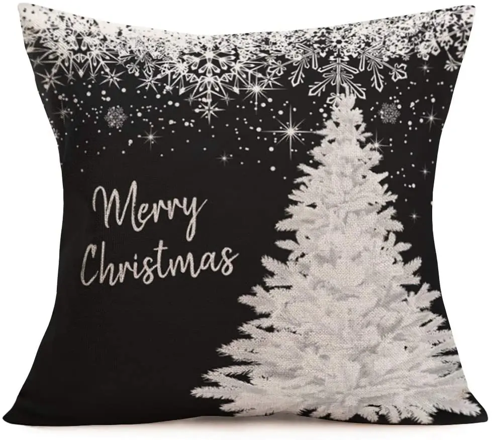 

Merry Christmas Trees Black White Snowflake Throw Pillow Covers Winter Xmas Square Decorative Pillow Cases Cushion Cover Outdoor